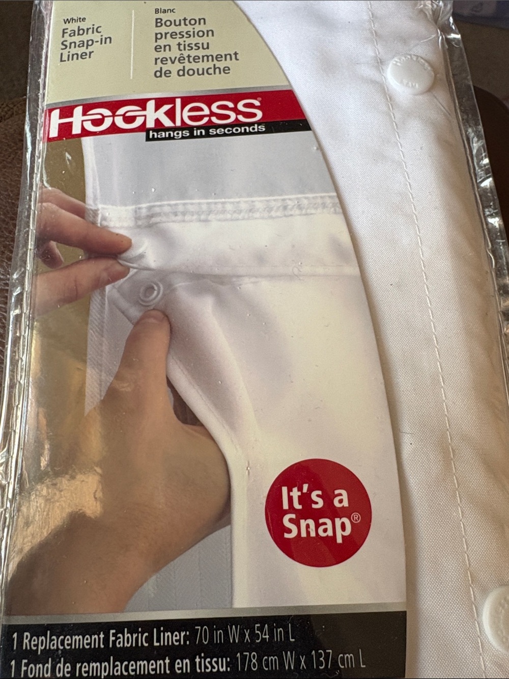 Snap White Hookless Fabric Snap-In Shower Liner new